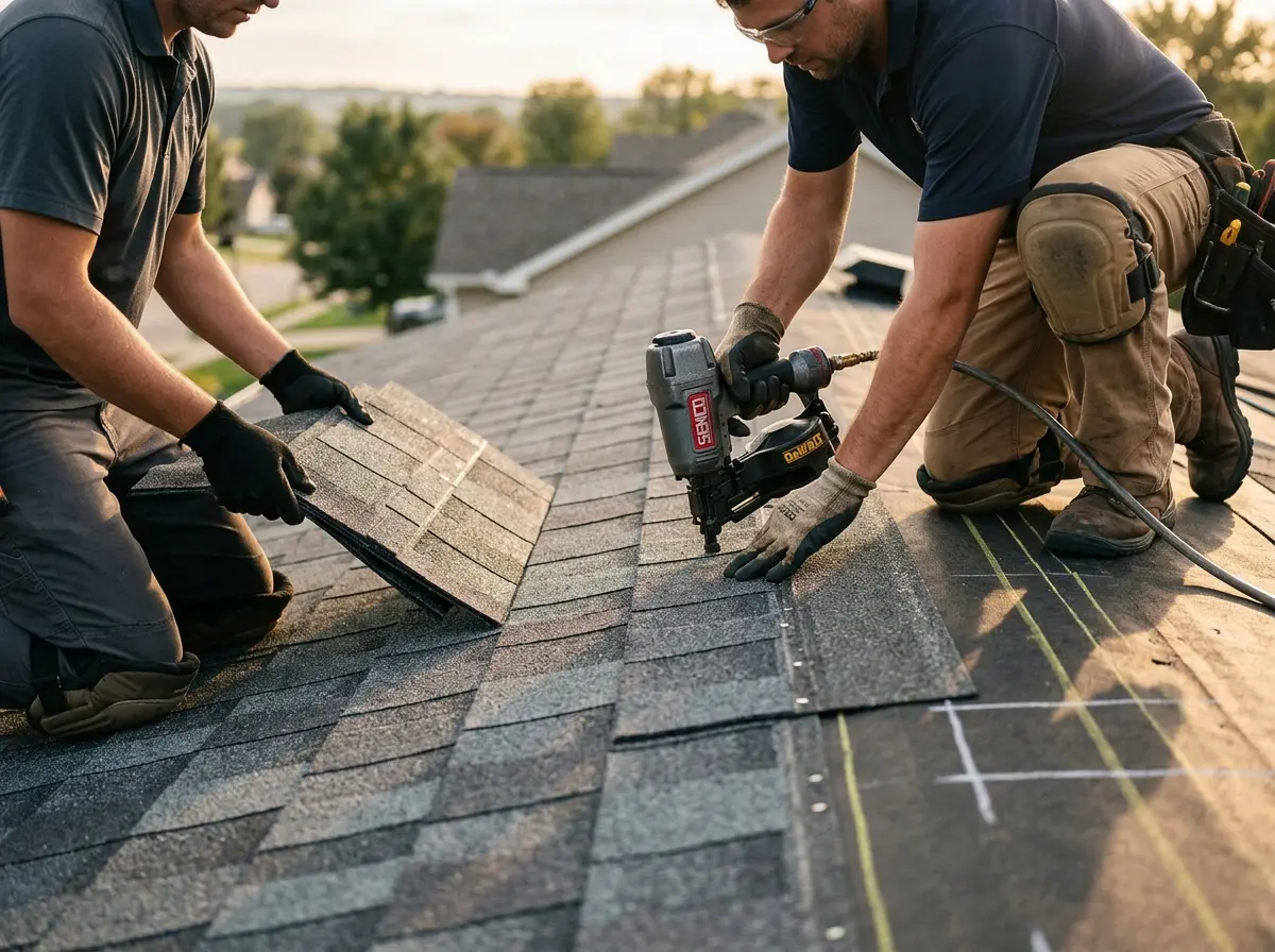 Professional roofer working on a residential roof in Ramsey